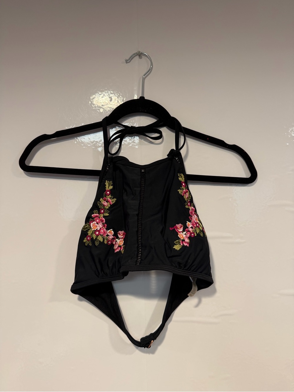 Black Altar’d State Halter Swim Top with Pink Floral Embroidery